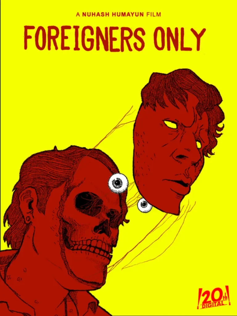 Poster for Foreigners Only, a red line drawing of a face peeling away from a skull on a yellow ground