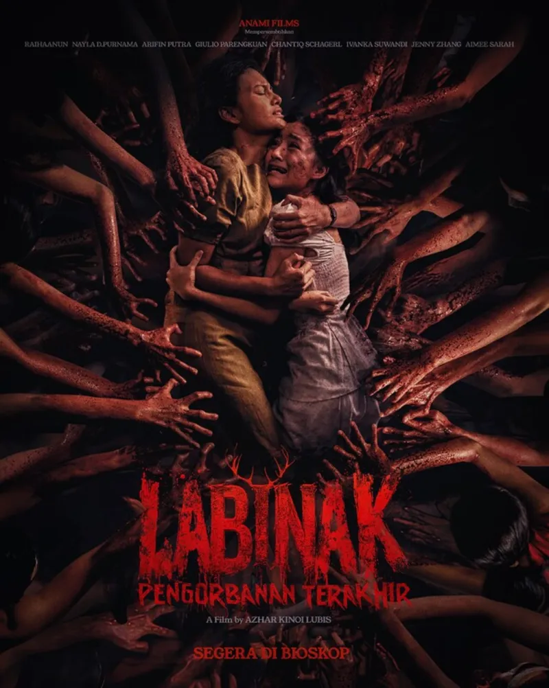 Poster for Labinak, showing two women embracing as bloodied hands reach in from all sides